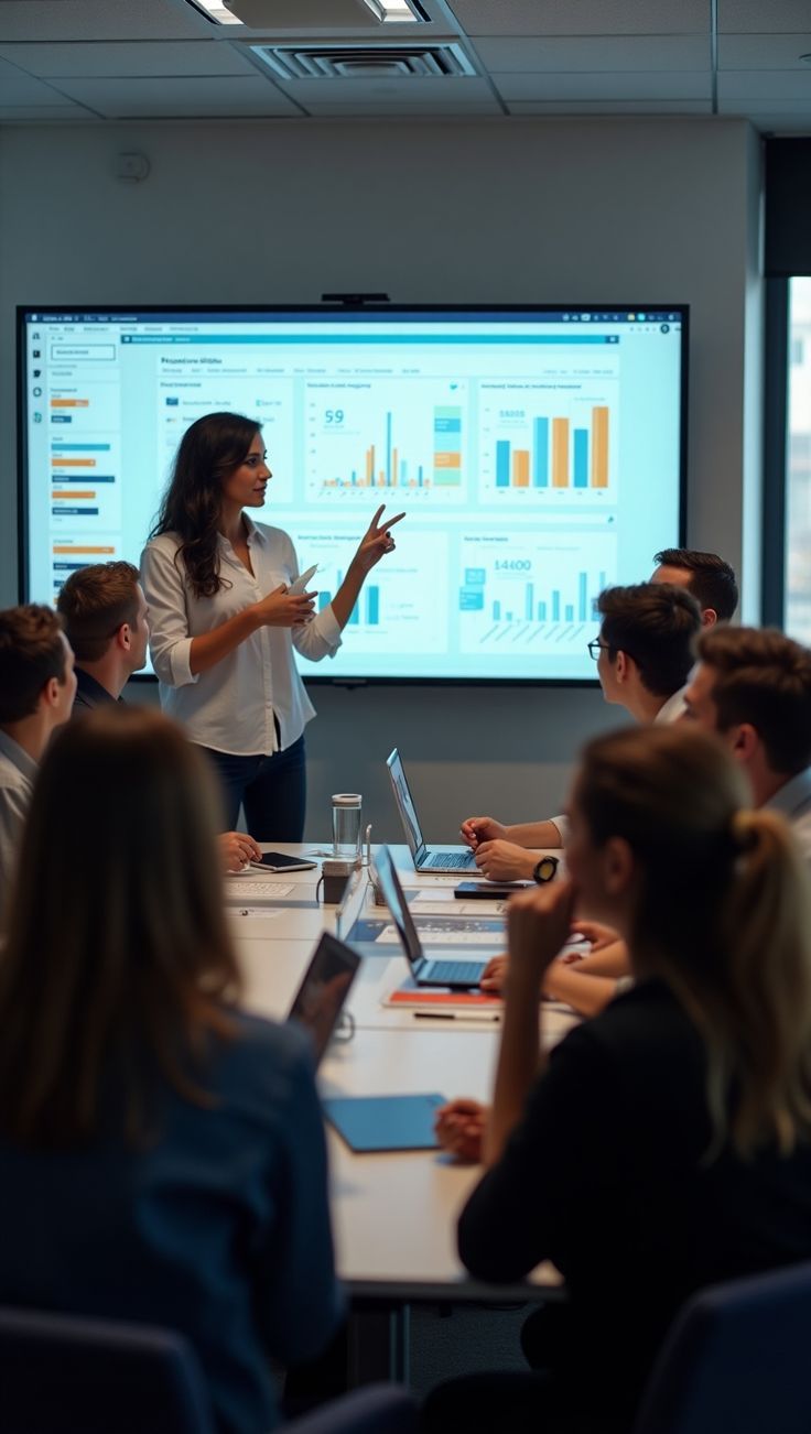 Formatrice présentant des tableaux de bord de données sur grand écran à un groupe de professionnels en session de formation